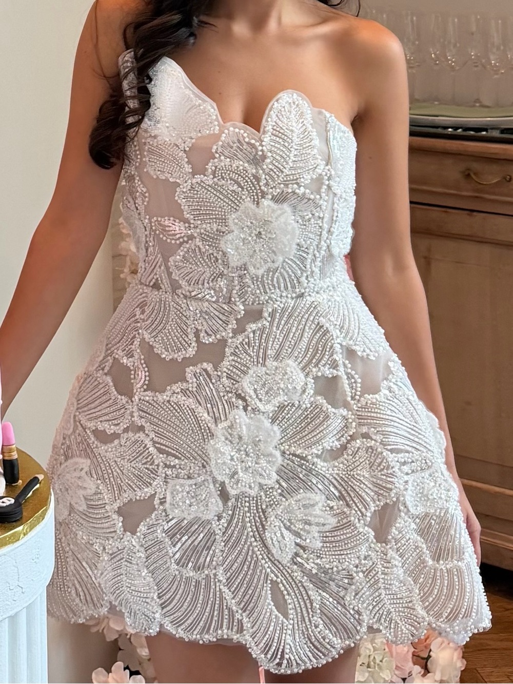 White Lace Dress with Pink Cake Accent